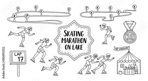 Ice skating marathon event with racing track and warmup activities