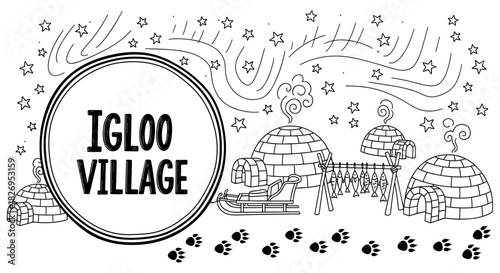 Igloo village with sled and stars under the night sky - winter coloring page