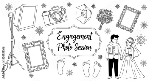 Engagement photo session elements in hand drawn style with cameras and wedding couple
