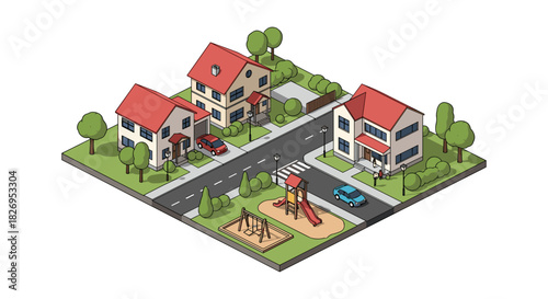 Charming suburban neighborhood scene with red roofs and playground in isometric style