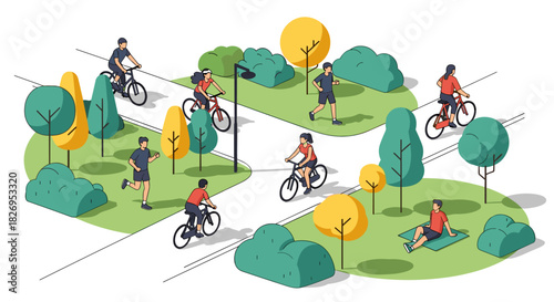 Isometric park scene with cyclists, jogger, and relaxing person surrounded by lush trees