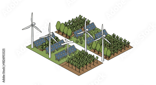 Sustainable energy farm with wind turbines and solar panels in isometric style
