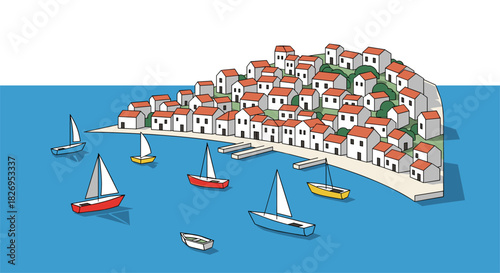 Charming mediterranean coastal town with sailboats in isometric style