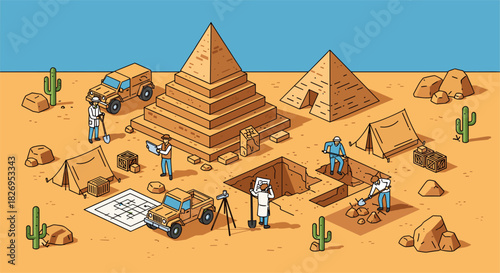 Archaeologists uncover ancient treasures at pyramids in desert expedition scene