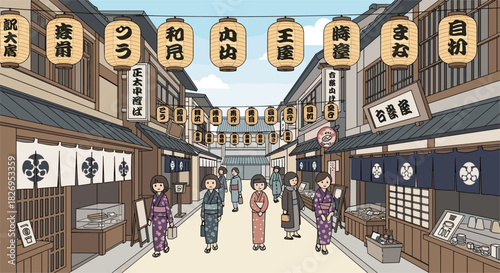 Traditional japanese street scene with women in kimonos under lanterns in vintage style