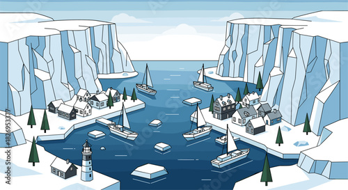 Coastal winter wonderland with sailing boats and arctic village scenery