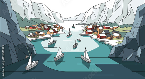 Scenic harbor town with sailboats and mountains in geometric design
