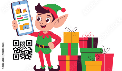 Elf holding smartphone showing gifts next to pile of gift boxes and Q R code