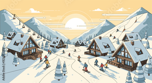 Winter wonderland: scenic ski resort with cozy cabins and snowy mountains at sunrise