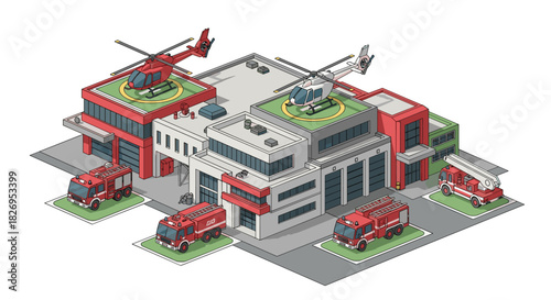 Modern isometric fire station complex with helicopters and trucks