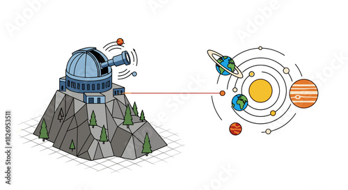 Observatory connects with solar system: cartoon infographic of planetary line-up