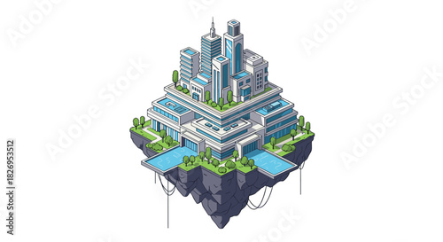 Futuristic floating city with modern buildings and green spaces in isometric style