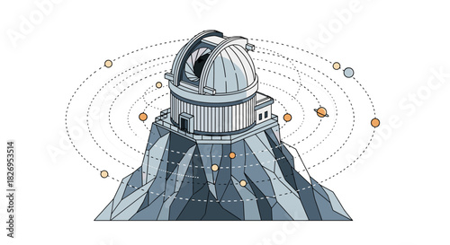 Isometric observatory on mountain with orbiting planets