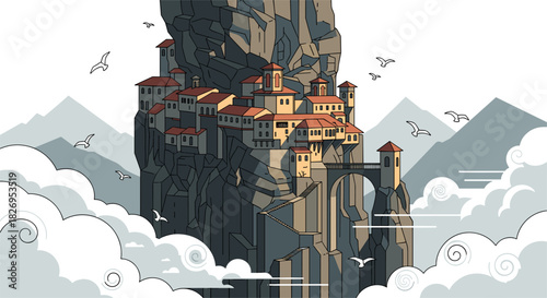 Charming cliffside village with red roofs and rocky terrain surrounded by majestic mountain peaks and clouds