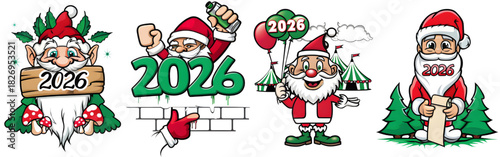 Four christmas themed illustrations featuring santa claus and the year two thousand twenty six