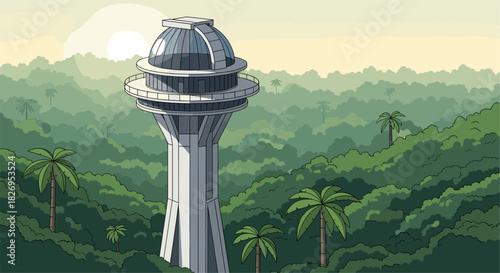 Observation tower surrounded by lush tropical jungle with setting sun
