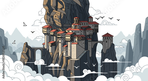 Ancient monastery on rocky cliff with red roofs and misty mountains in background