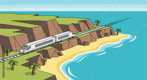 Modern high-speed train on coastal track with scenic ocean view