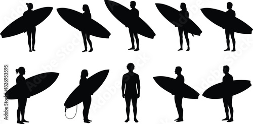 Silhouette, surfers, surfboards, group, beach, casual, pose, black, white, minimalist, standing, relaxed, arrangement, outdoor, summer, sport, lifestyle, unity, people, illustration