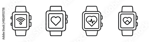 Smartwatch fitness tracker vector set with heart rate monitor wifi connectivity and health apps icons