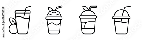 Line art of four unique smoothie drinks with straws for menu design and creative projects