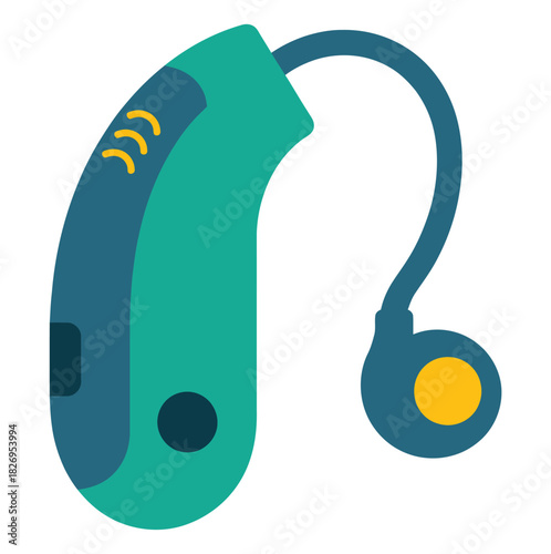 A modern teal and blue hearing aid device with a yellow earbud sits against a white background.