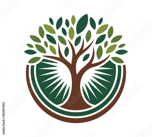 A stylized tree of life symbol with radiating sun rays inside a circle.