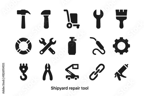 Shipyard repair tools icons: hammer, wrench, paintbrush, safety gear, welding torch