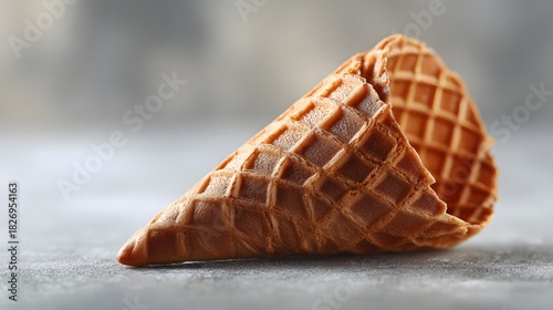 Empty waffle cone rests on a textured surface with soft background focus