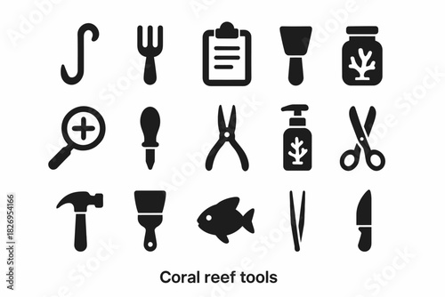 Coral reef tools icons set with fishing hook, magnifier, fish, and more