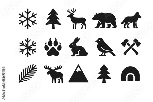 Winter wildlife icons: deer, bear, wolf, and more in black silhouette
