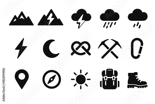 Outdoor adventure icons: mountains, weather, tools, compass, backpack, hiking boot