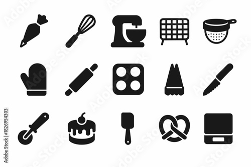 Black baking icons set: utensils, mixer, oven mitt, whisk, cake
