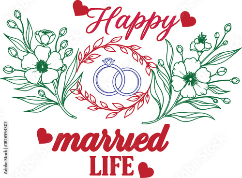 Happy Married Life Wedding Rings Floral Wreath Vector