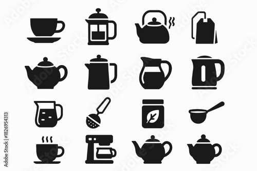 Collection of teapot and coffee icons: cups, kettles, and coffee makers