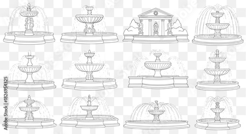 Black and white fountains, classical sculpture designs, tiered water features, ornate garden elements, architectural illustration, transparent background, urban planning assets