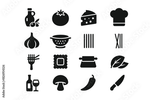 Culinary icons set: tomato, cheese, chef hat, wine, knife, pasta, garlic, spaghetti