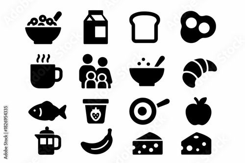 Breakfast icons set: cereal, milk, bread, eggs, coffee, family, croissant, fish, jam, pan, apple, french press, banana, cheese, food symbols