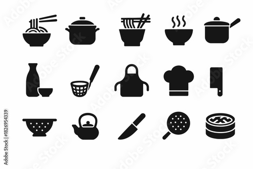 Set of cooking icons: utensils, pots, and kitchen tools silhouettes