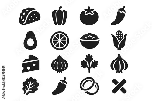 Black and white icons of mexican food ingredients with various vegetables and spices