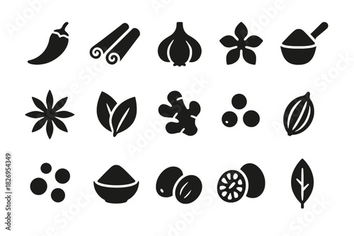 Spice icons: chili, cinnamon, garlic, star anise, cardamom, ginger, herbs