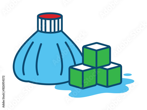 A blue ice pack sits next to three green ice cubes on a white background.