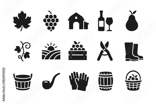 Winemaking icons set: grapes, vineyard, tools, and harvest silhouettes