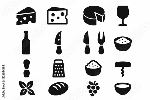 Cheese and wine icon set featuring food and kitchen utensils