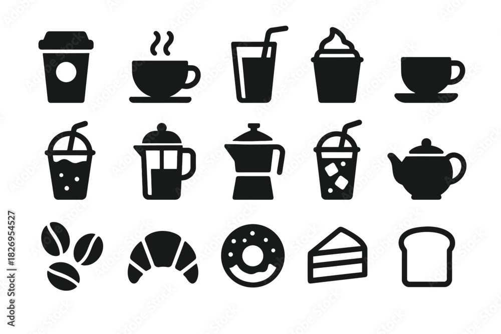 Obraz premium Coffee and bakery icons: espresso, latte, croissant, tea, donut, cake