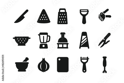 Kitchen utensil silhouettes: knife, grater, blender, peeler, and more