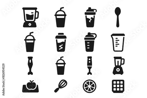 Blender and kitchen utensils icons set for smoothie preparation