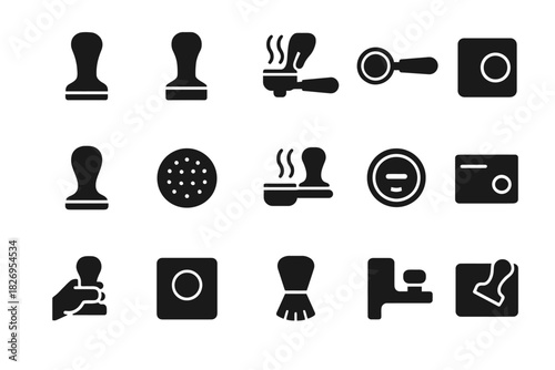Coffee brewing icons set: tamper, portafilter, espresso maker, grinder, steam wand symbols