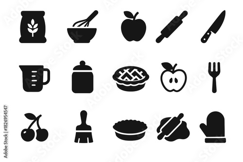 Silhouette icons of baking tools and ingredients - apples, cherry, pie, baking utensils