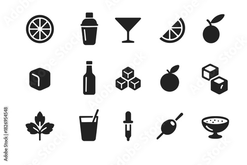 Black cocktail icons: fruits, glasses, shaker, ice, leaf, dropper, scoop, stick